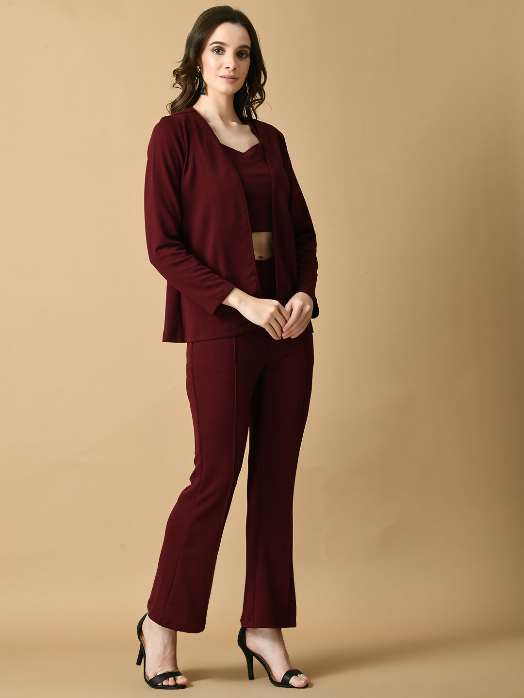 Myshka Women's Magenta Solid Coat With Trousers