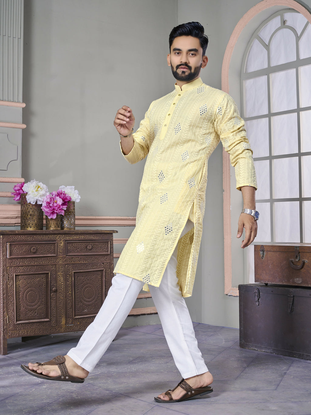 Yellow Linen Men Kurta Pajama Set by Infinity Export