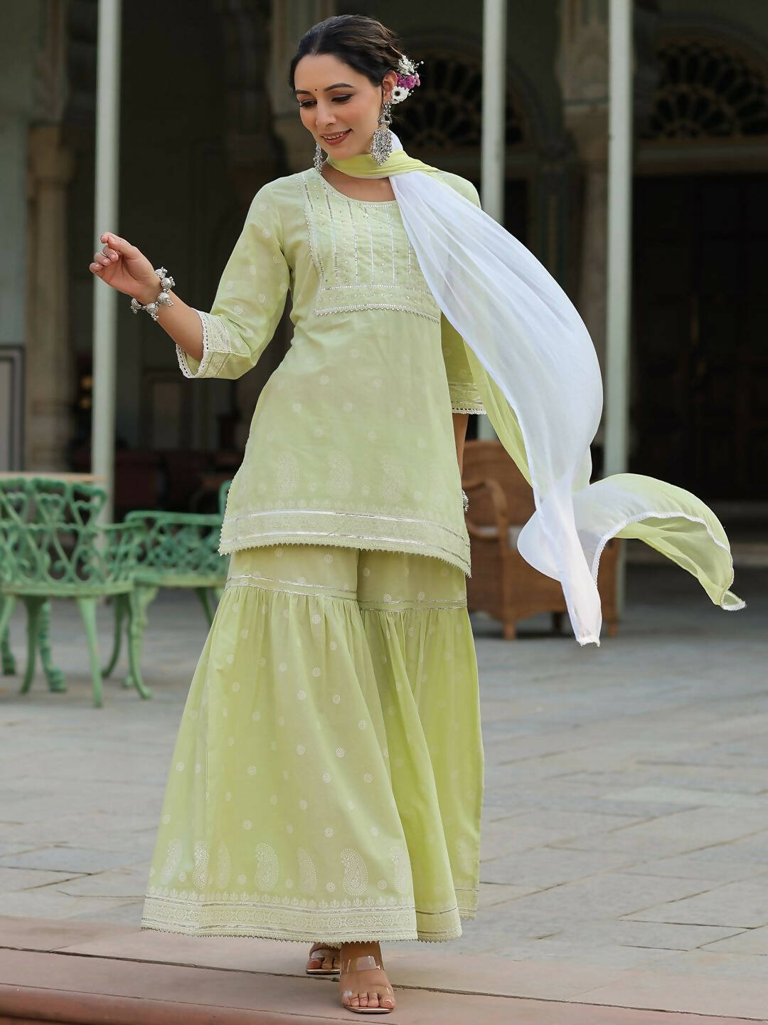 Juniper Women's Lime Green Cambric Floral Print Kurta Sharara Sets