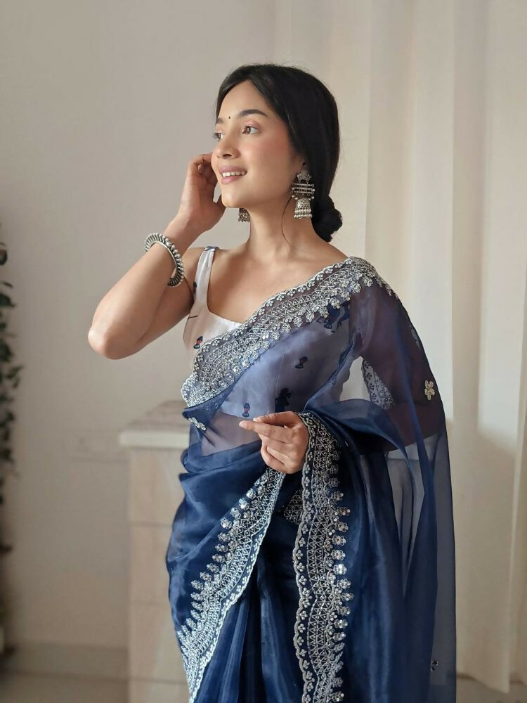 Vamsee Shirovastra Navy Blue Organza Saree