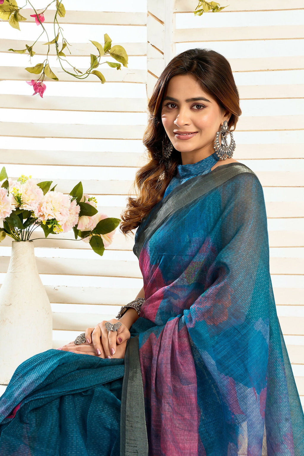 Vastranavya Teal Digital Printed Linen Ready To Wear Designer Saree with Unstitched Blouse