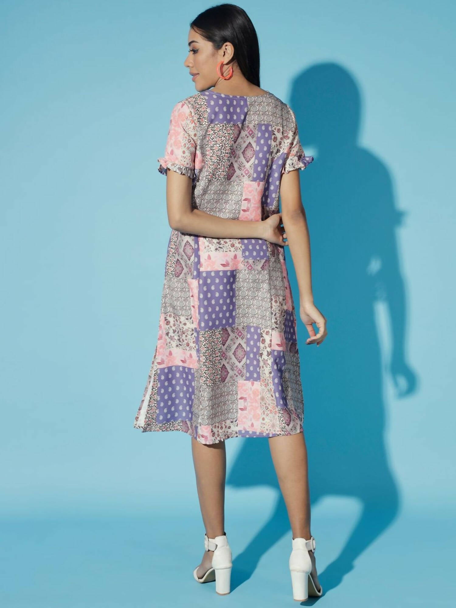 Myshka Women Multi-Geometric Rayon A-Line Round Neck Dress