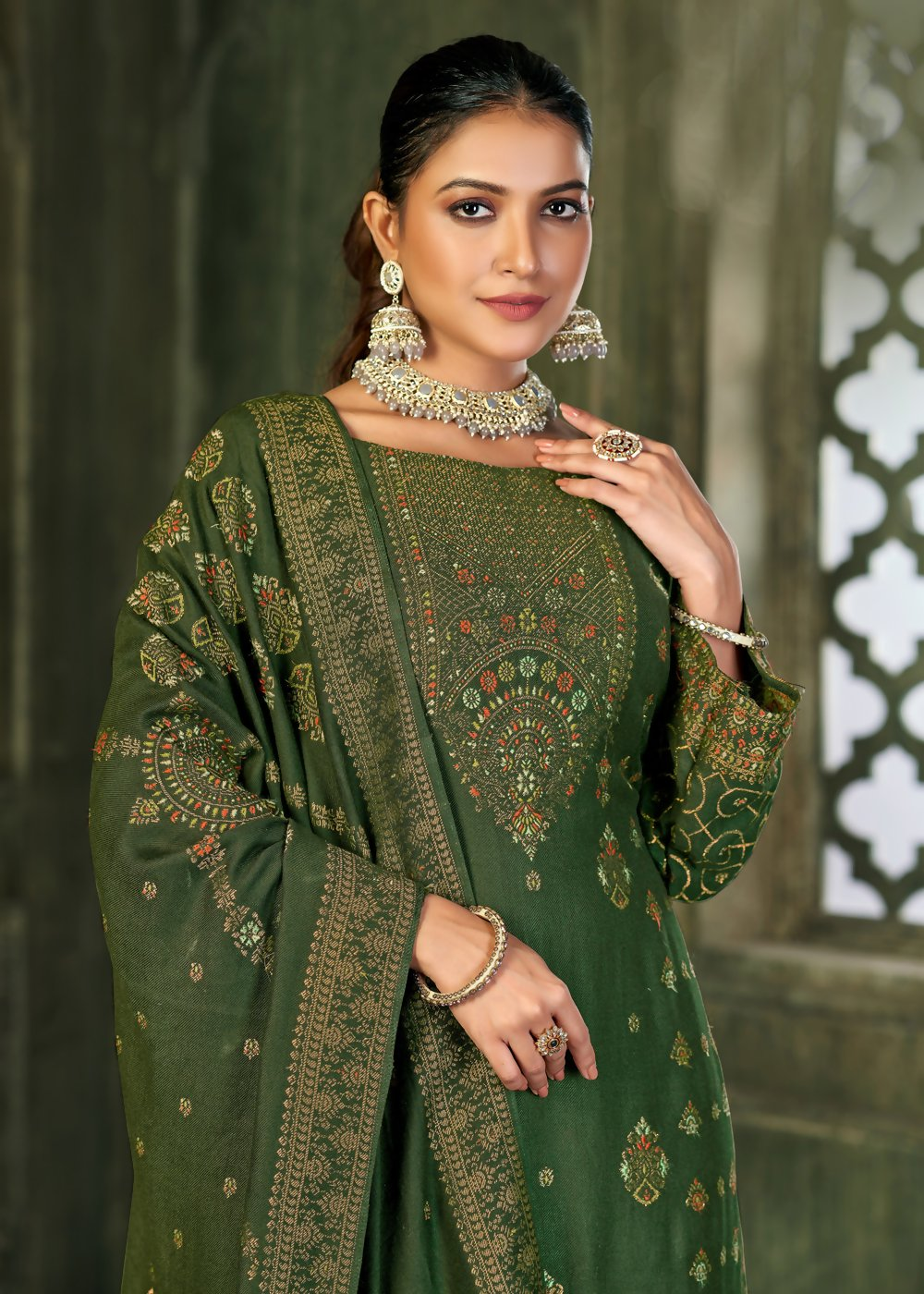 Green Viscose Pasmina Mina Work Kurta & Bottom with Dupatta - Natasha