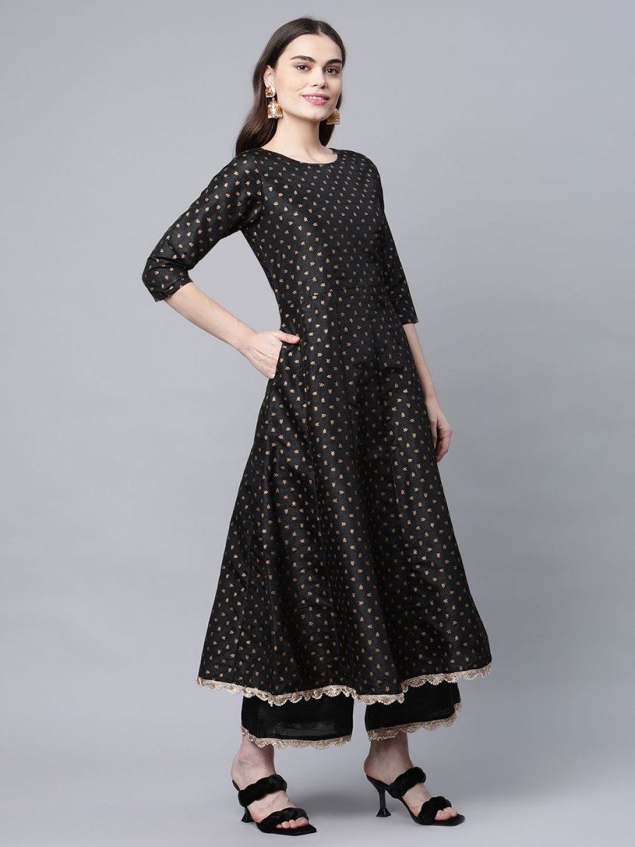 Ahalyaa Women Black Poly Silk Gold Printed Anarkali Kurta Palazzo Set With Dupatta