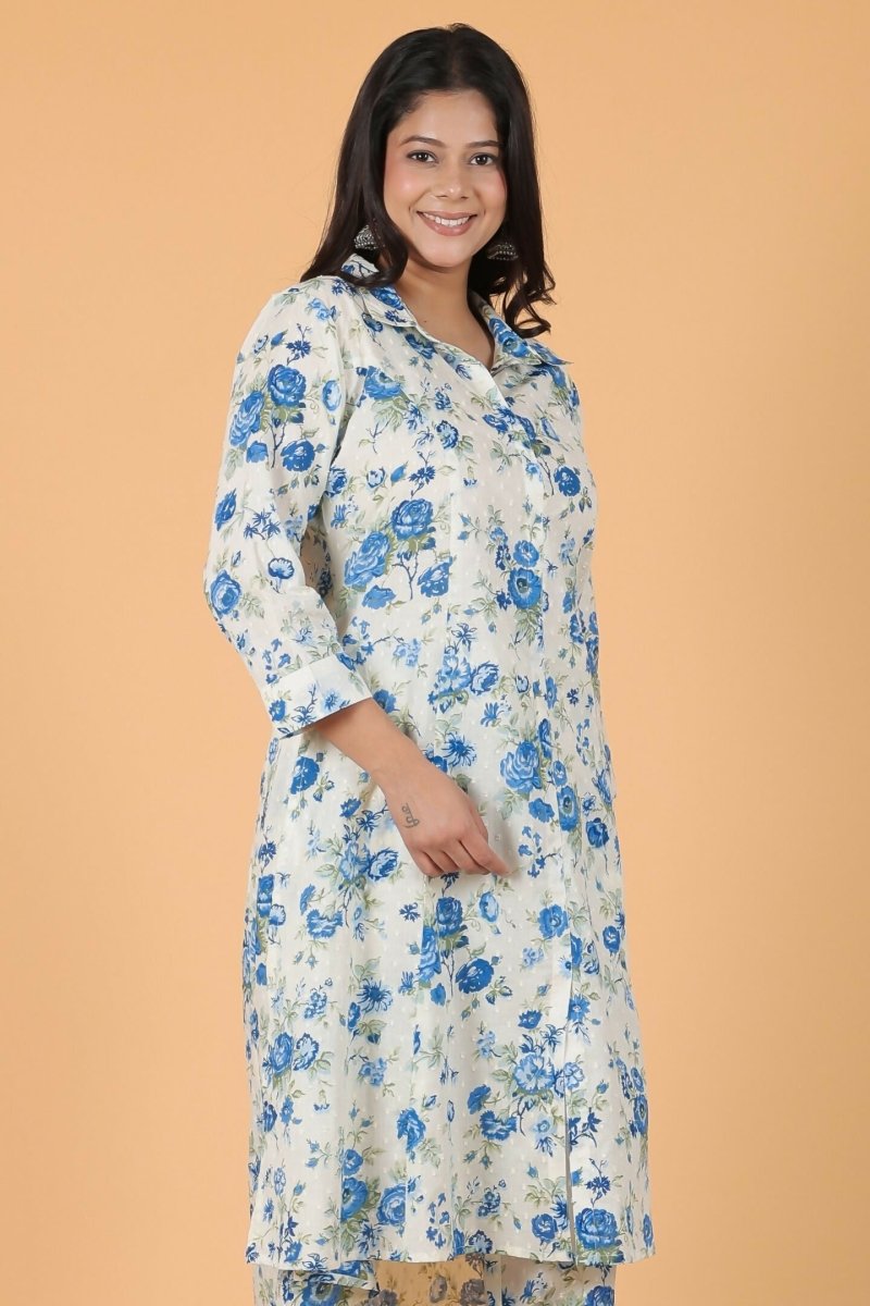 Aramya White Textured Cotton Floral High Low Kurta for Women