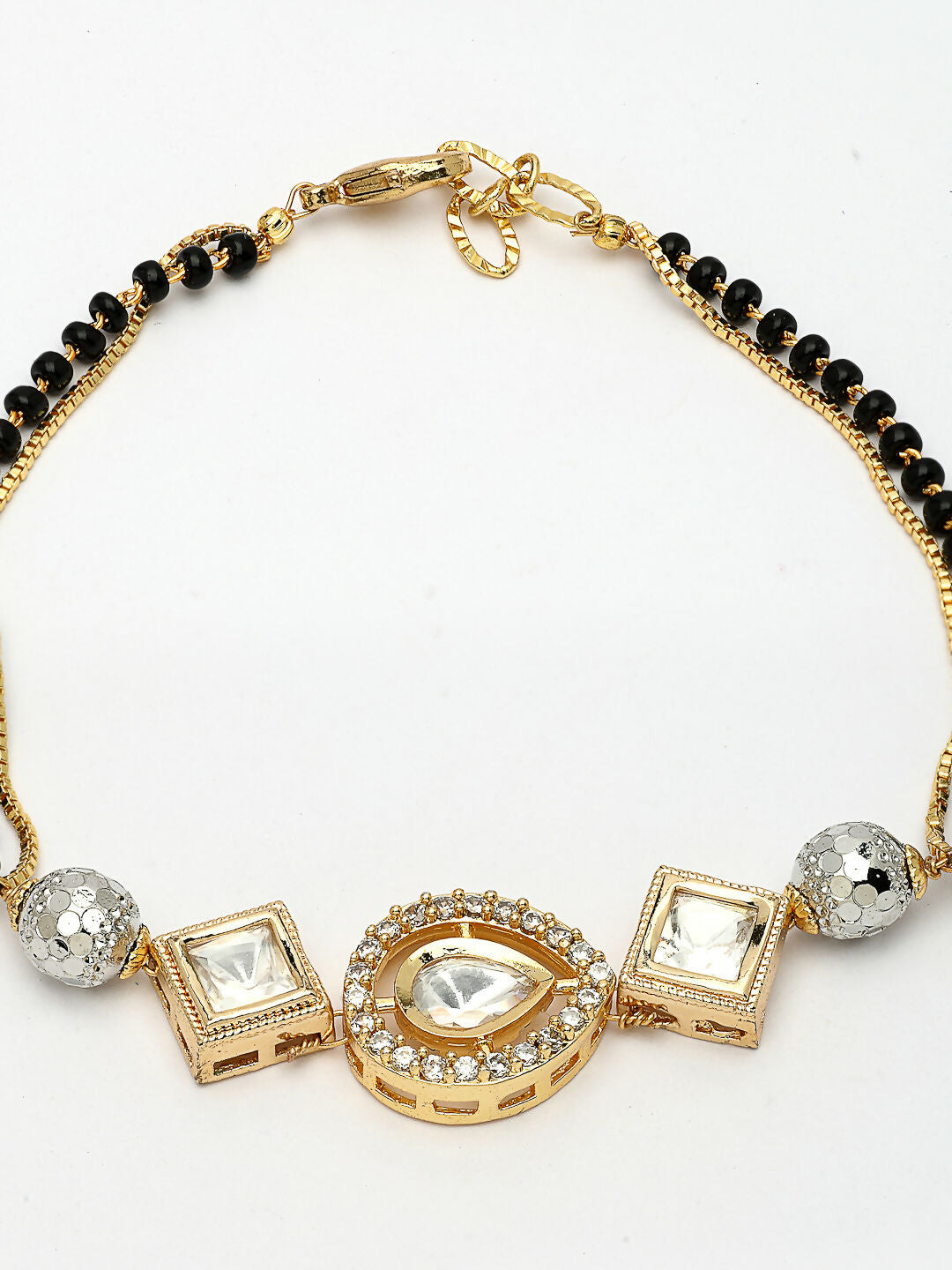 NVR Women Gold-Polished & Black Brass AD-Studded Hand Mangalsutra Link Bracelet