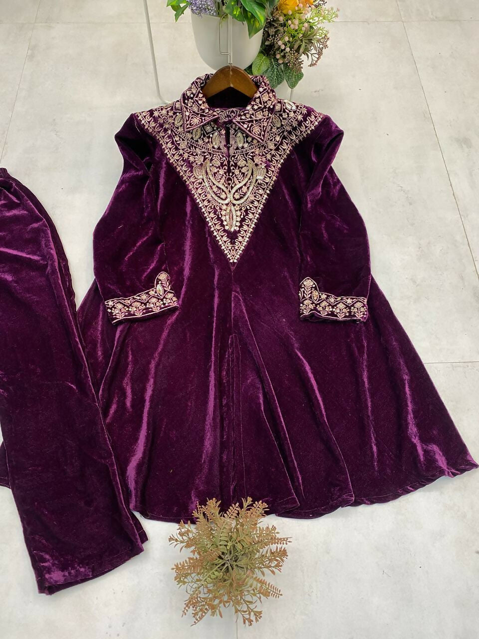 Vastranavya Purple Velvet Sequence Embroidery Work Top With Palazzo