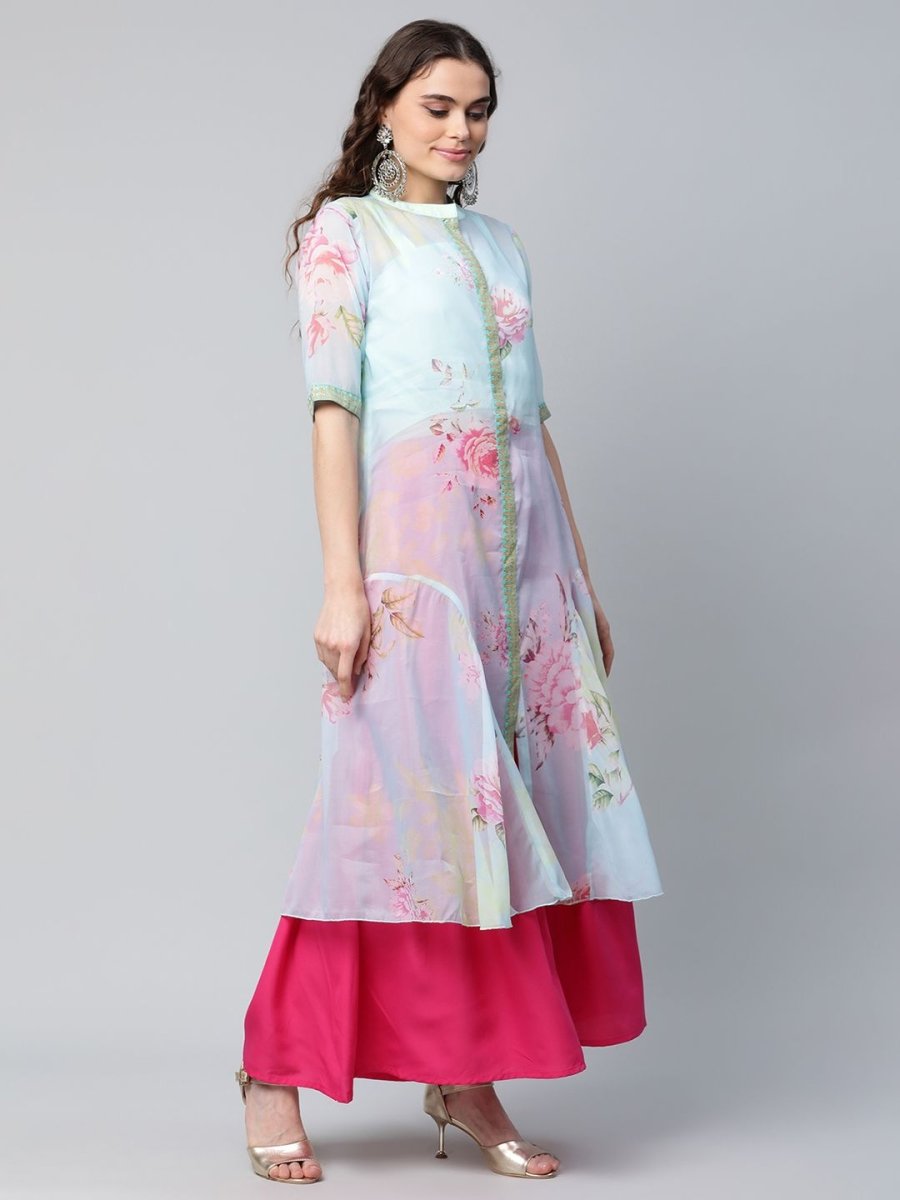 Ahalyaa Women Sea Green Floral Printed Top With Kurta