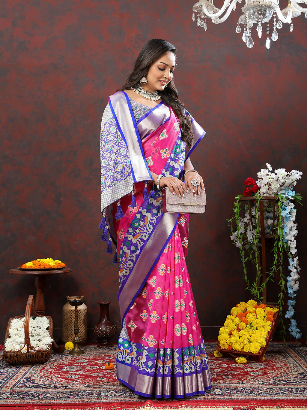 Lorenvalley Fashion Pink Organza Silk Woven Design with Meenakari Weaving Saree