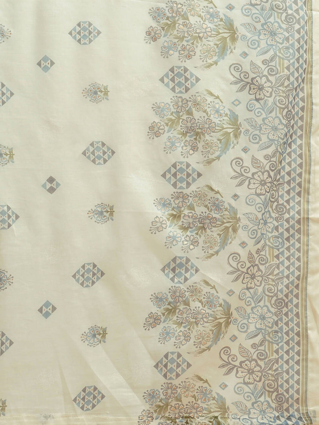 White And Blue Pure Cotton Floral Printed Anarkali Kurta And Bottom With Dupatta - Akashara