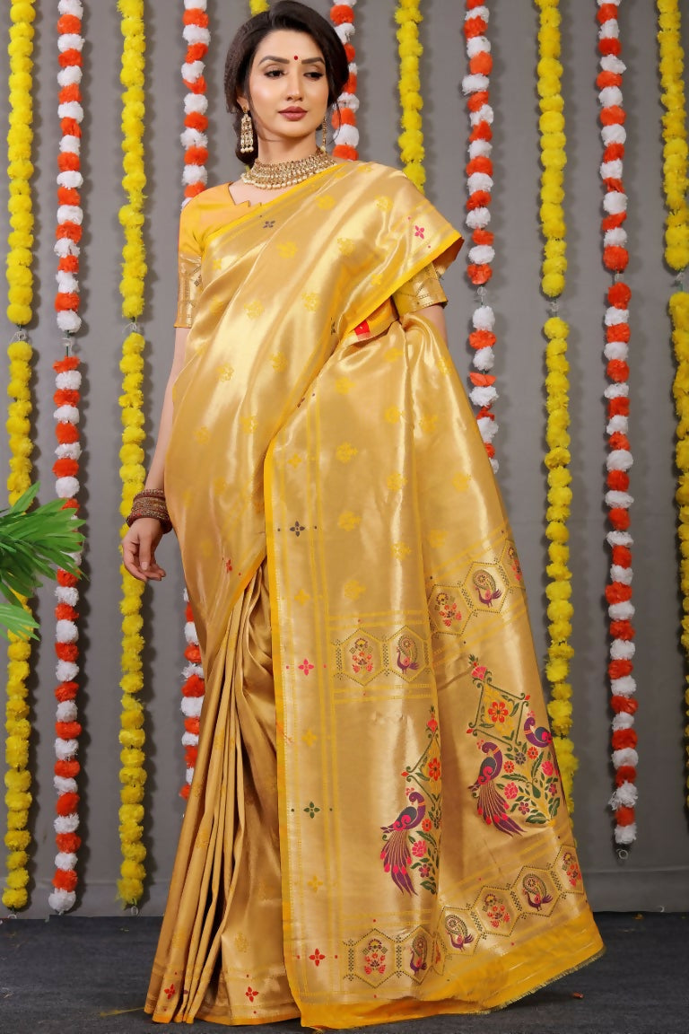 Jyoti Fashion Women's Yellow Paithani Silk Zari Woven Saree with Blouse