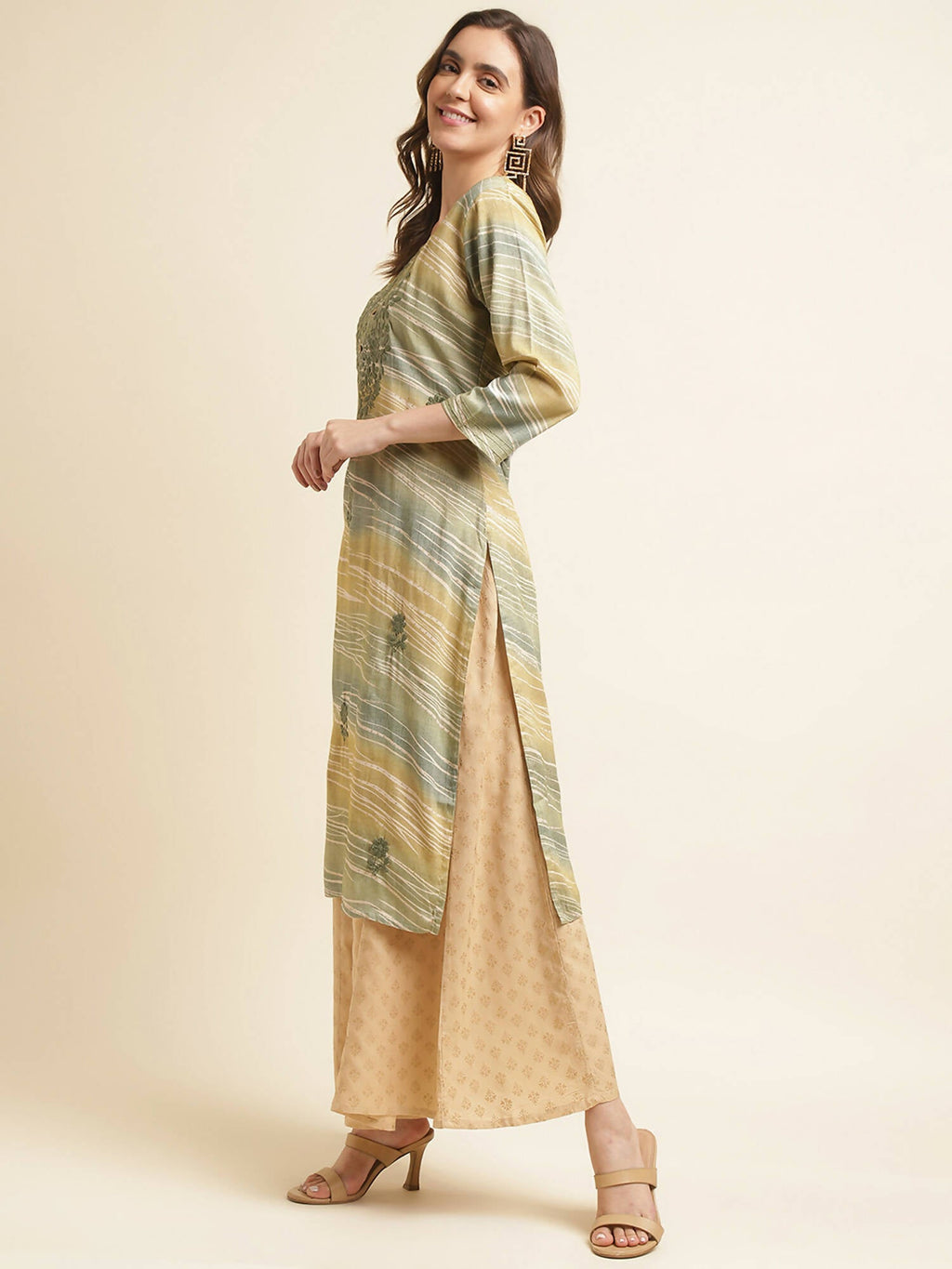 Green Poly Rayon Stripe Printed Straight Fit Kurta - Prasuti