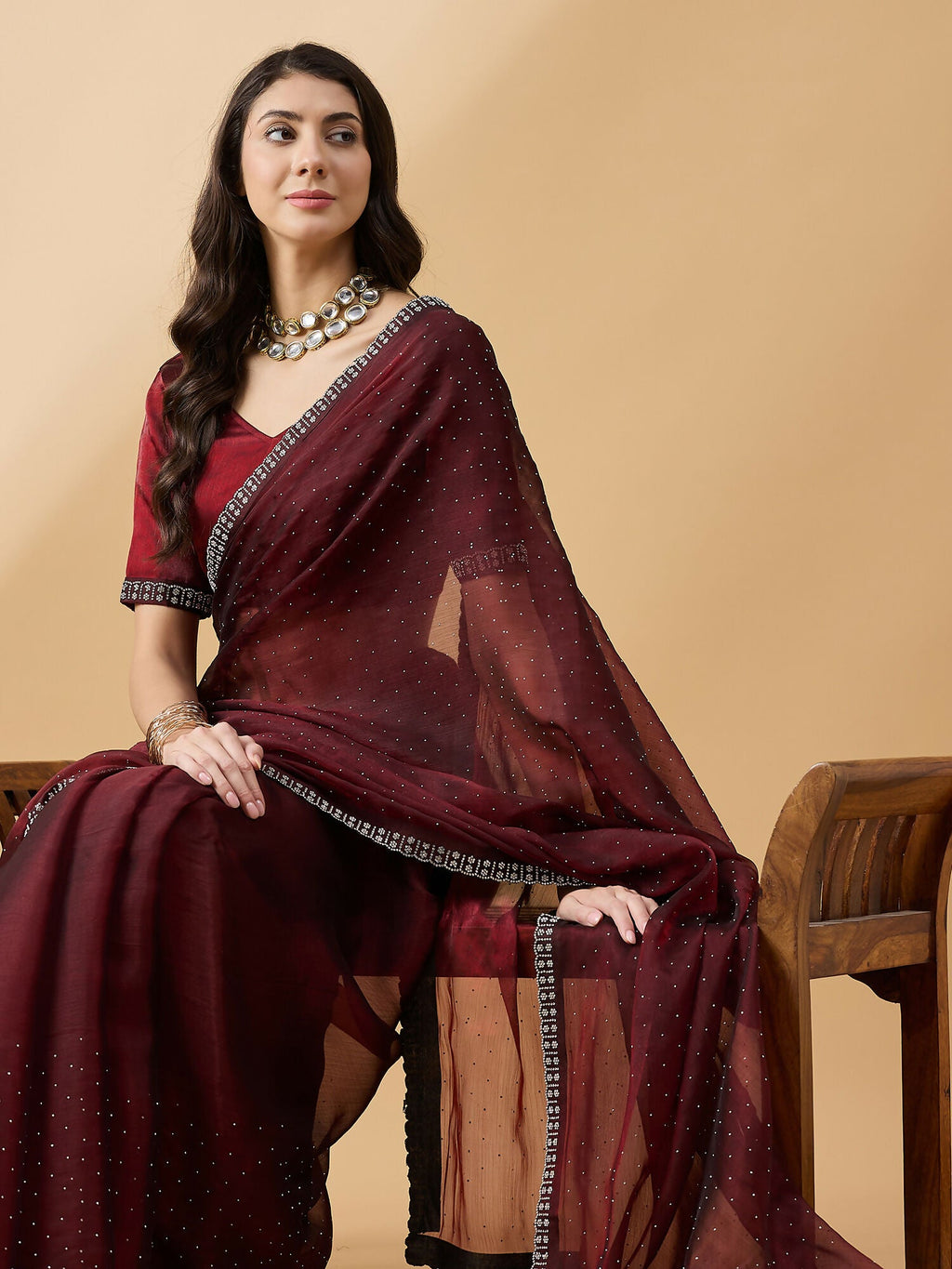 Brown Organza Swaroski Diamond Work Saree with Unstitched Blouse - Radha