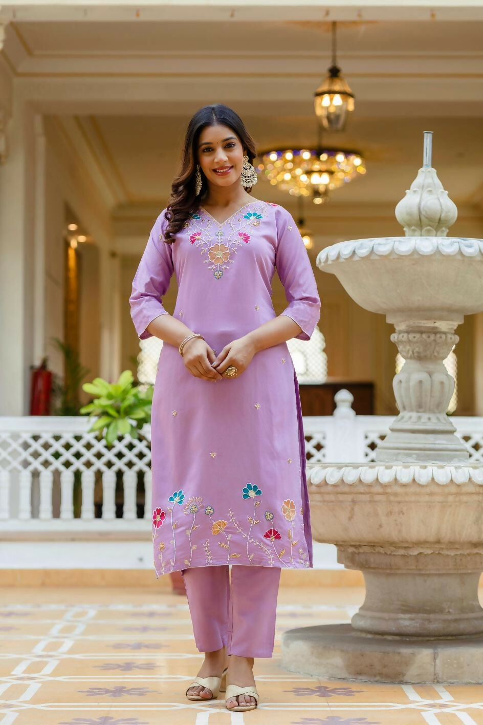 The52 Lavender Women's Gorgeous Embroidered work Viscose Gadhwal Fabric Straight Kurta, Pant and Dupatta Set