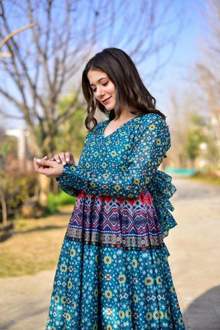 Jyoti Fashion Women's Blue Heavy Digital Printed Cotton Silk Anarkali Dress