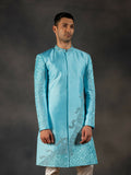Sky Blue Hand Embroidered Indowestern Sherwani by Hilo Design