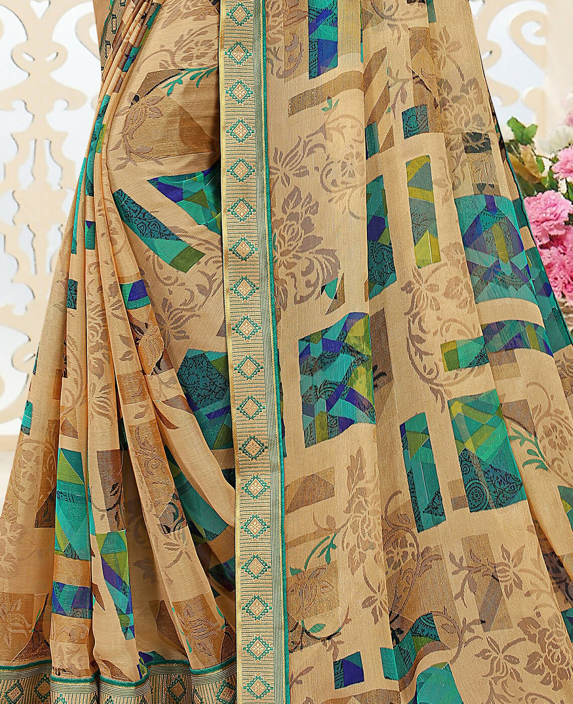 Beige Chiffon Brasso Printed Saree With Unstitched Blouse Piece - Jyoti