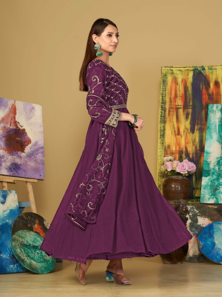 Jyoti Fashion Women's Purple Georgette Embroidered Anarkali Kurta Pant Set With Dupatta