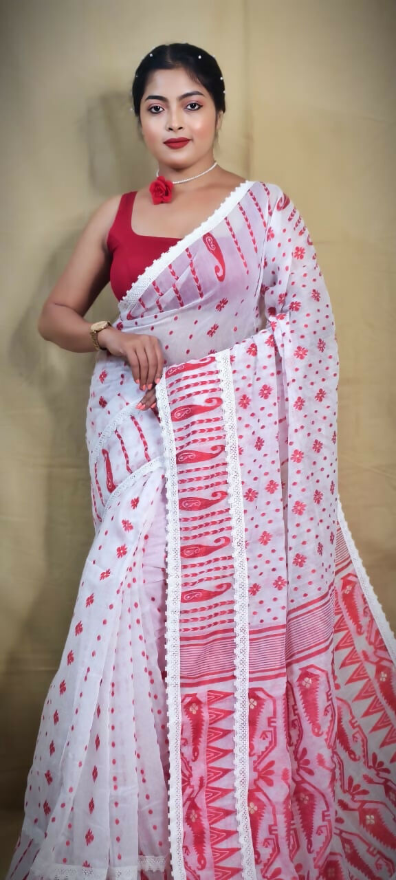 Exclusive Collection Beautiful White Red Jaal Jamdani Saree