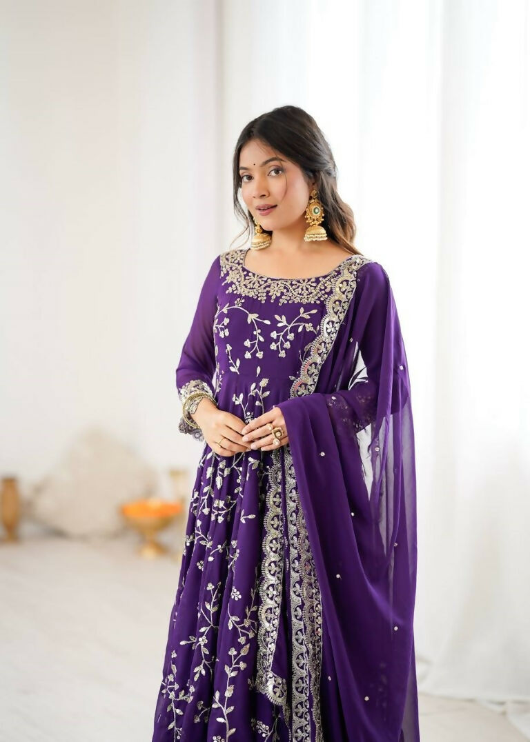 Teeya Creation Purple Color Heavy Faux Georgette Embroidery Work Gown