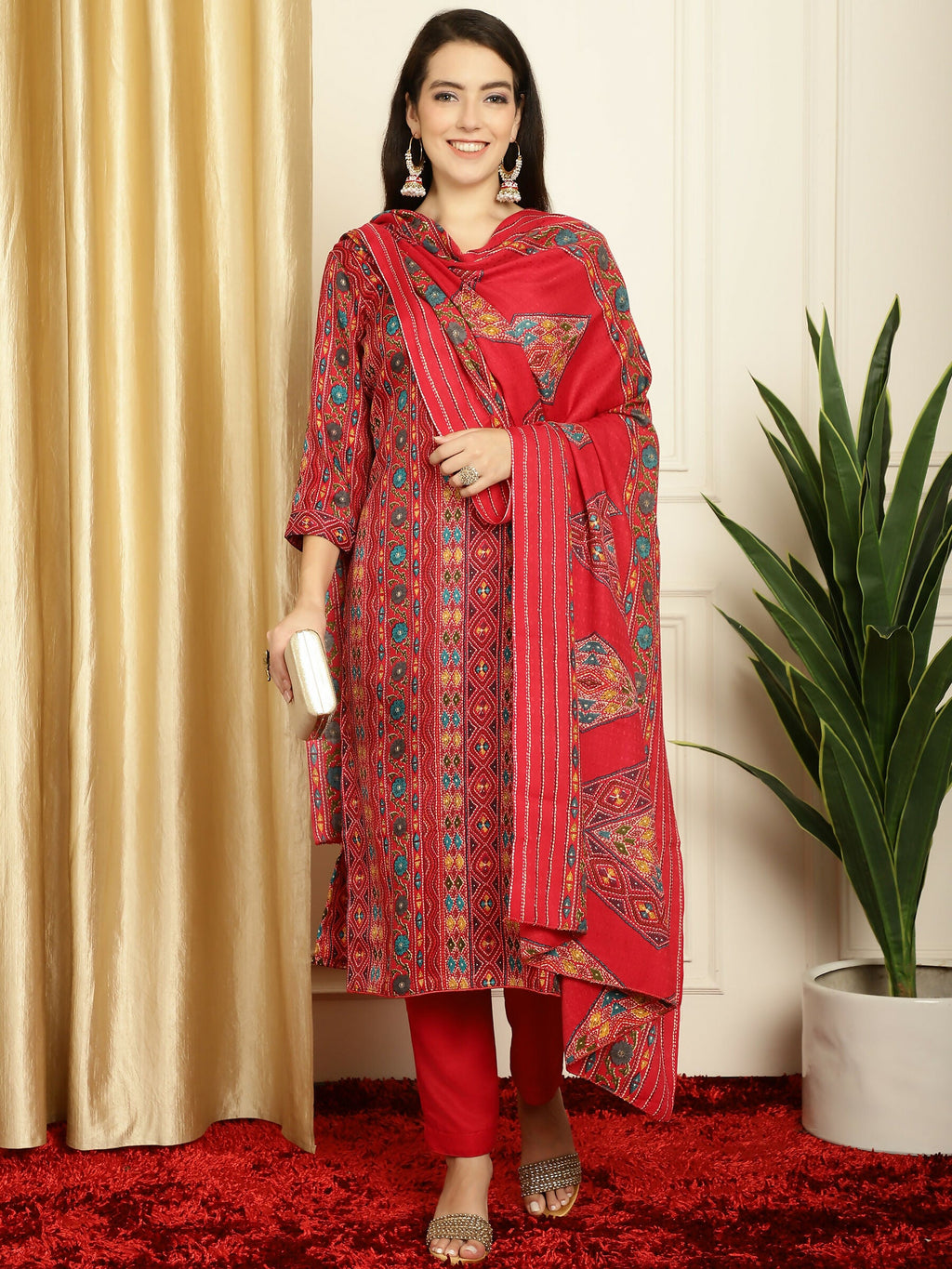 Jyoti Fashion Women's Red Pashmina Floral Digital Printed Kurta with Trouser & Dupatta
