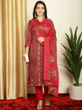 Jyoti Fashion Women's Red Pashmina Floral Digital Printed Kurta with Trouser & Dupatta
