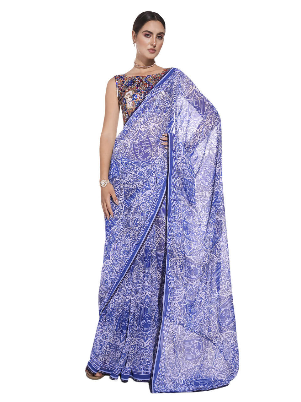 Blue Georgette Floral Printed Saree With Unstitched Blouse Piece - Rajal