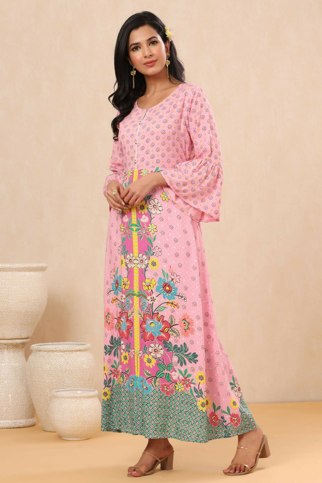 Juniper Pink Floral Printed Rayon Kurta With Buttons Closure At Back