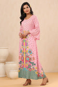 Juniper Pink Floral Printed Rayon Kurta With Buttons Closure At Back