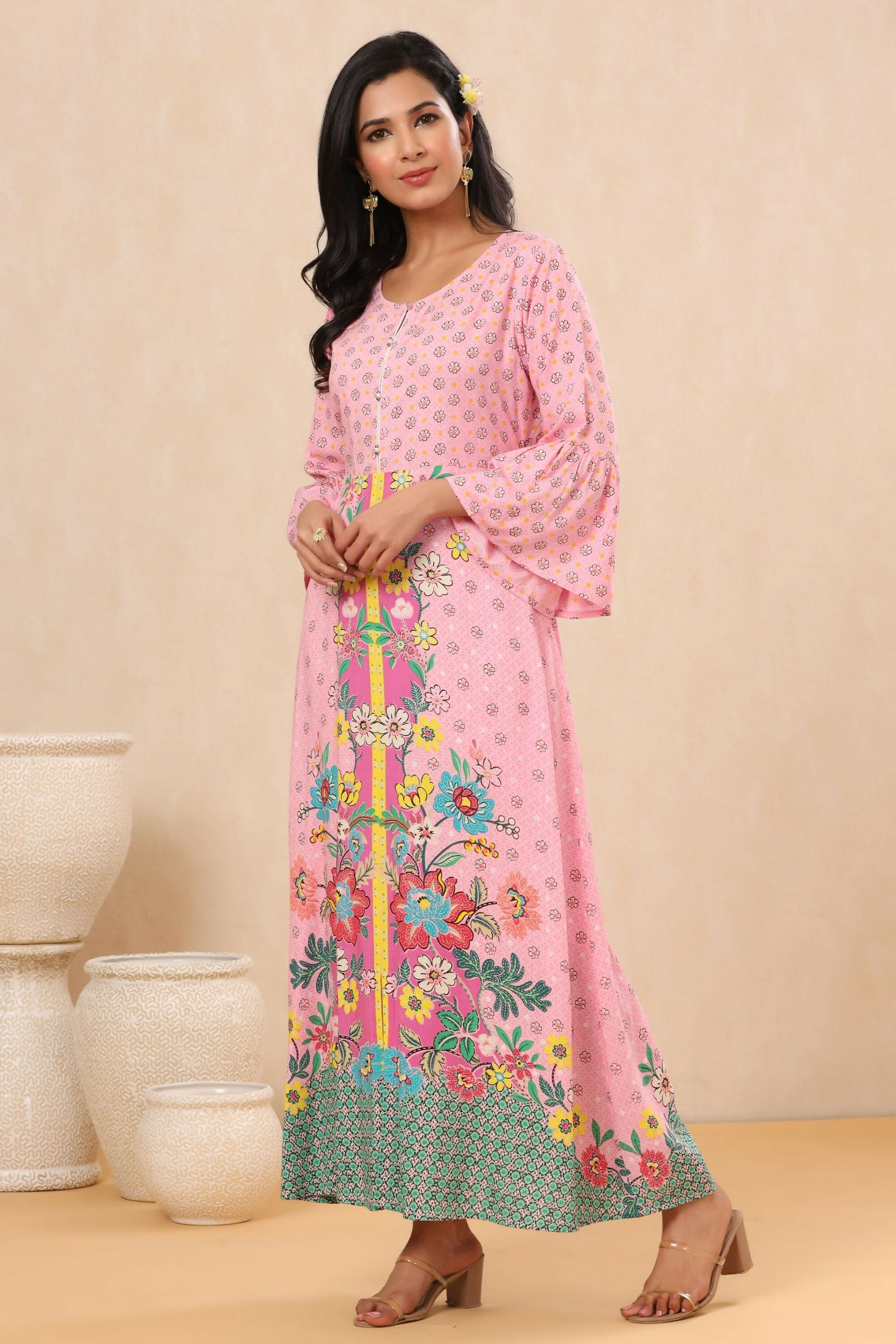 Juniper Pink Floral Printed Rayon Kurta With Buttons Closure At Back