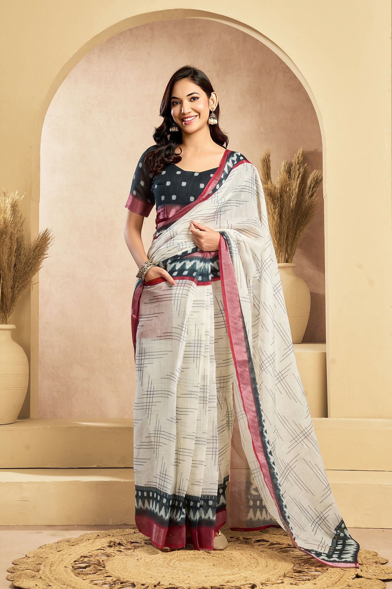 Vastranavya Digital Printed Linen Ready To Wear Pocket Saree with Unstitched Blouse