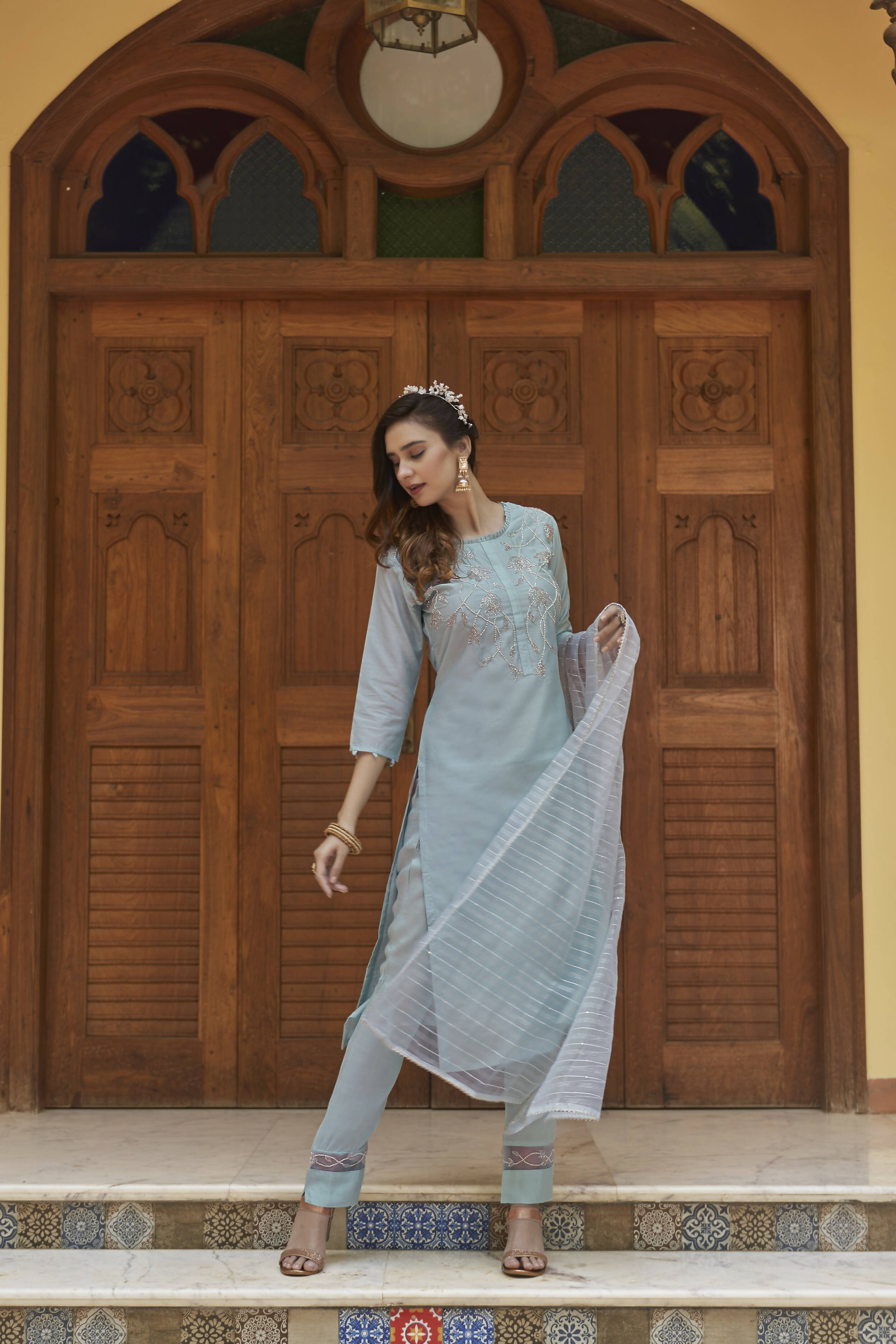 Sky Blue Chinon Embroidered Kurta and Bottom with Dupatta - Akashara