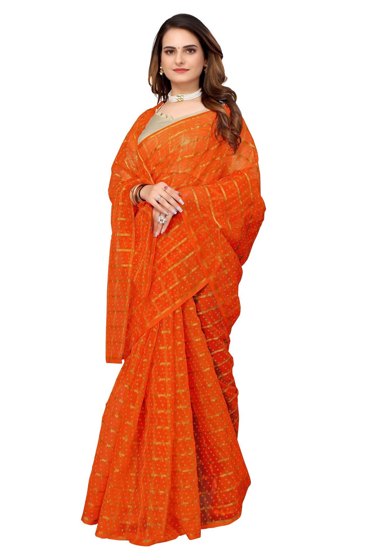 Vamika Ethnic Fire Orange Jari Work Chiffon Saree