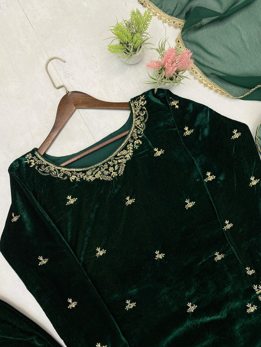 Vastranavya Green Velvet Sequence Embroidery Work Kurta & Bottom With Dupatta