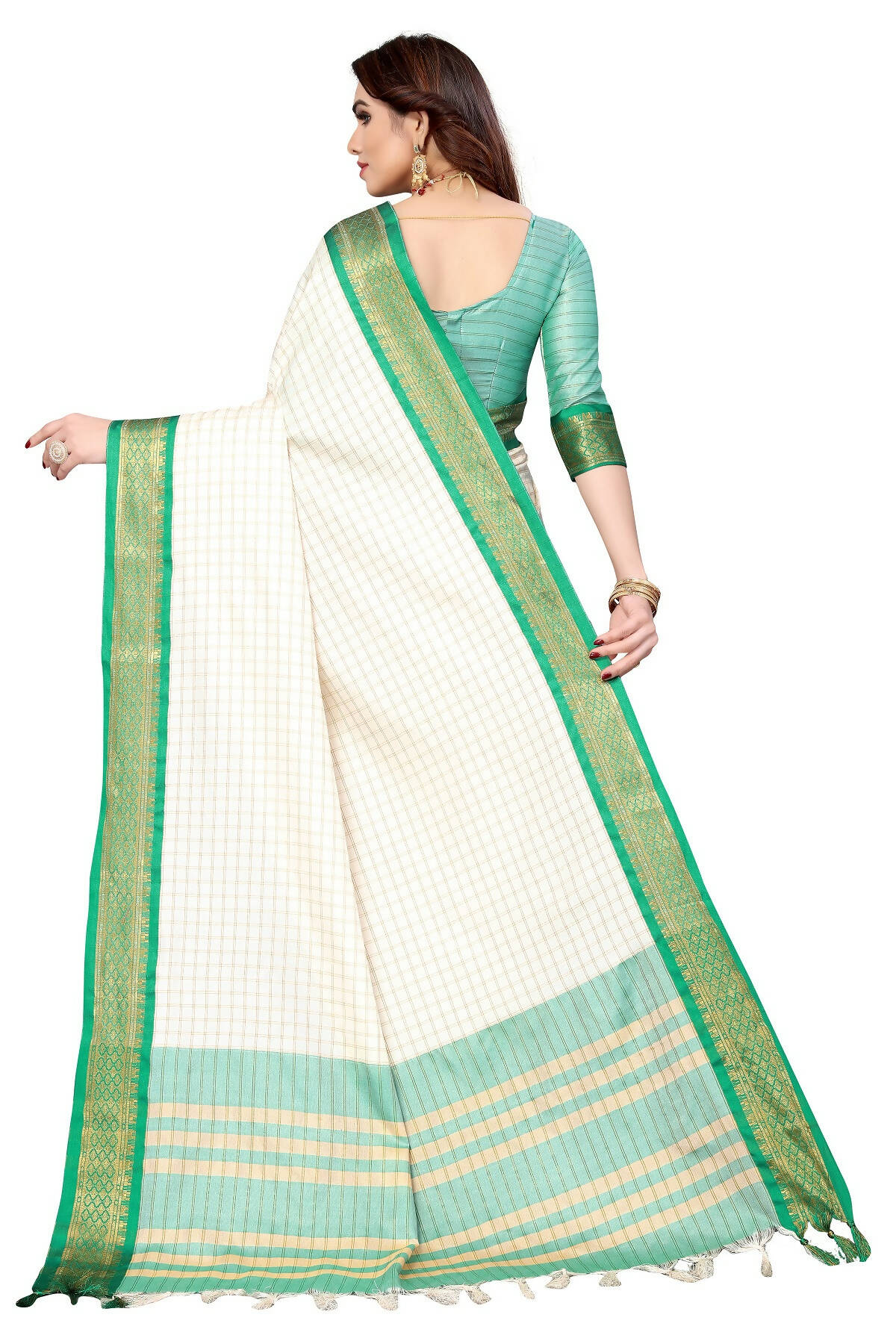 Vamika Weaving White Cotton Silk Saree (DEVAL GREEN)