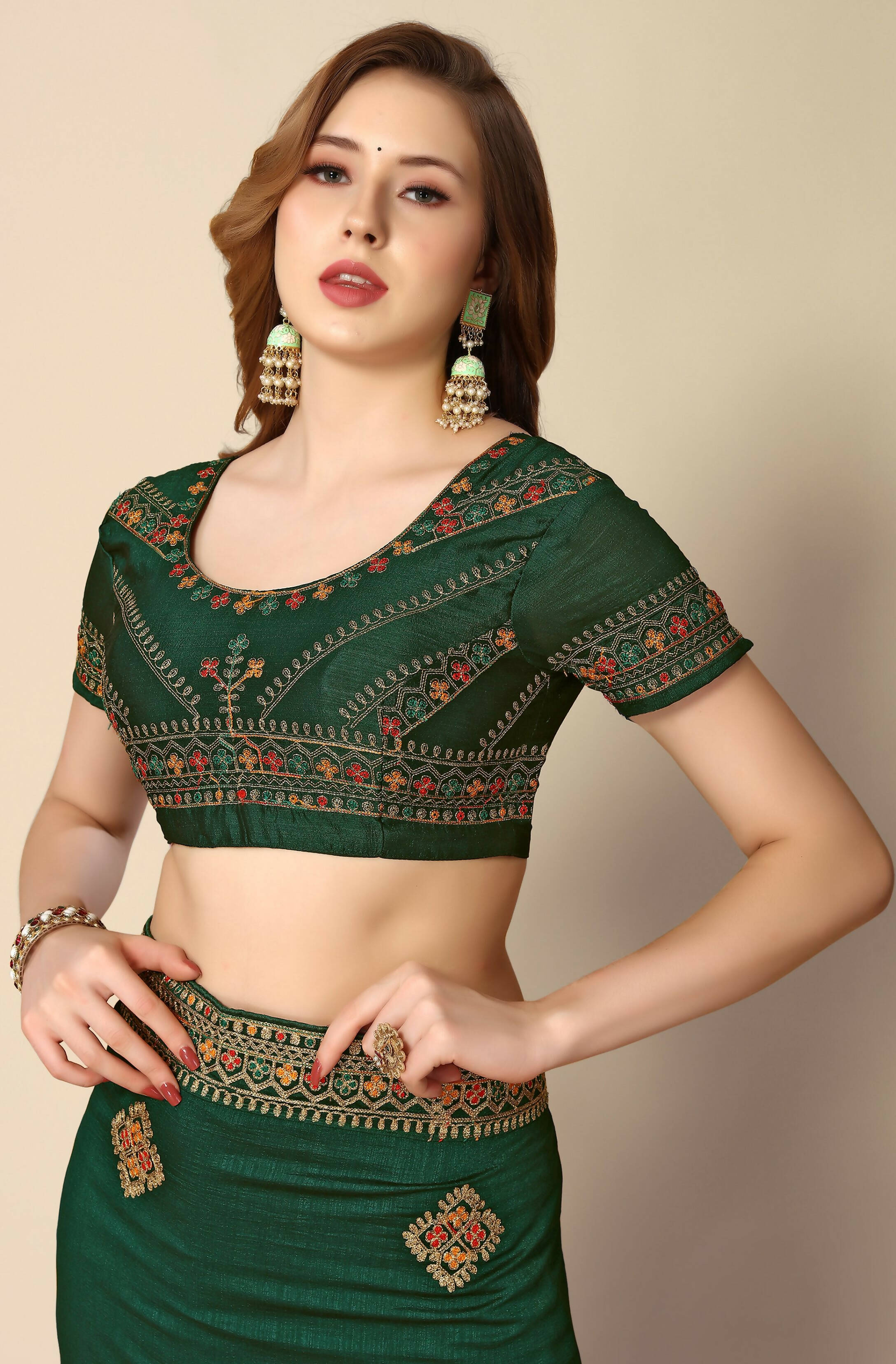 Green Chinon Embroidered Saree with Unstitched Blouse Piece - Roozal