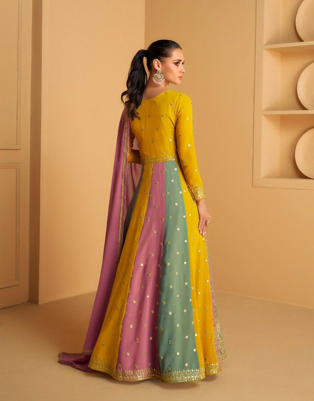 Lorenvalley Fashion Yellow Faux Georgette Embroidery with Sequince Work Gown Stitched
