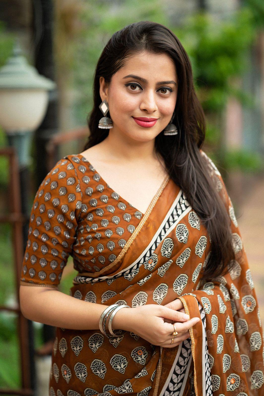 Mustard Poly Georgette Ajrak Saree with Unstitched Blouse - Hiral Fashion
