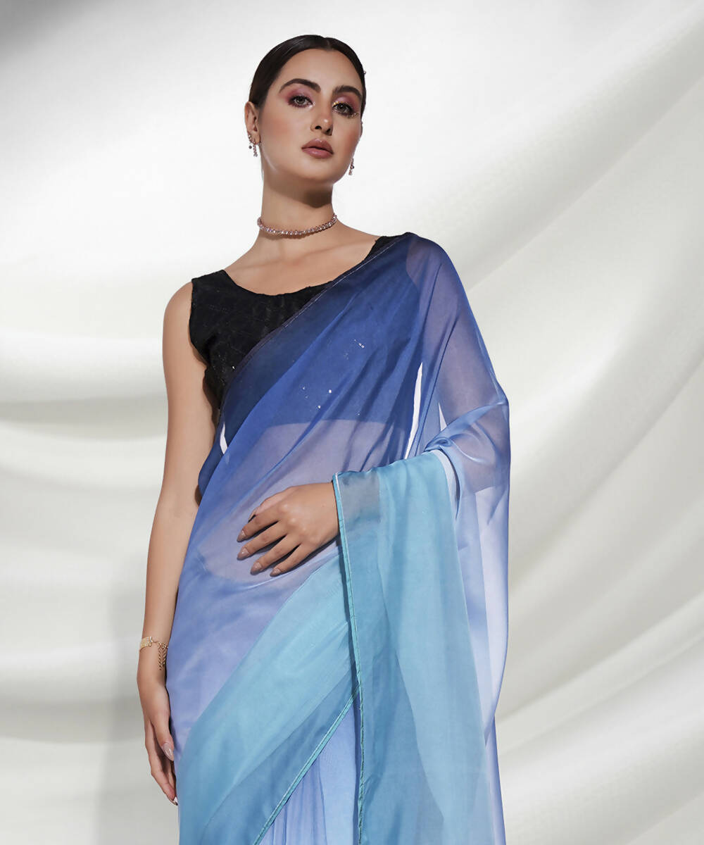 Blue Organza Solid Saree With Unstitched Blouse Piece - Shanaya