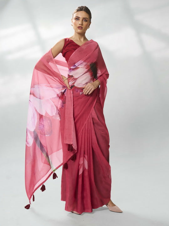 Burgundy Organza Designer Printed Saree - Shezlin