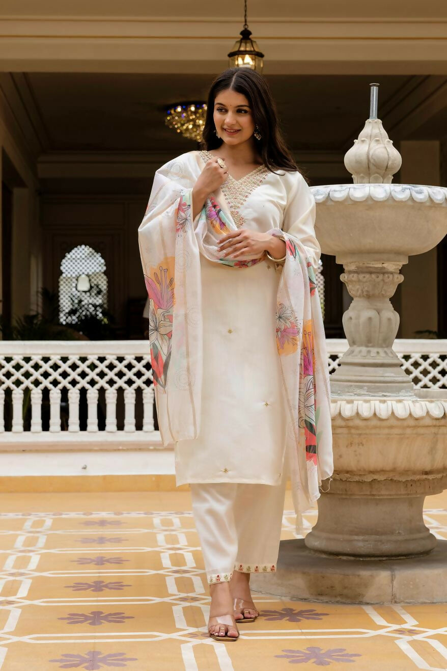 The52 White Women's Beautiful Viscose Chanderi Fabric Embroidered Work Straight Kurta Pant and Dupatta Set