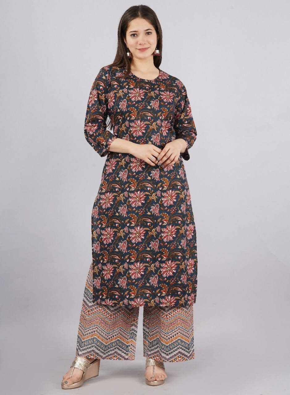 Vamika Printed Cotton Blue Party Wear/Casual Wear Kurta Set/Suit