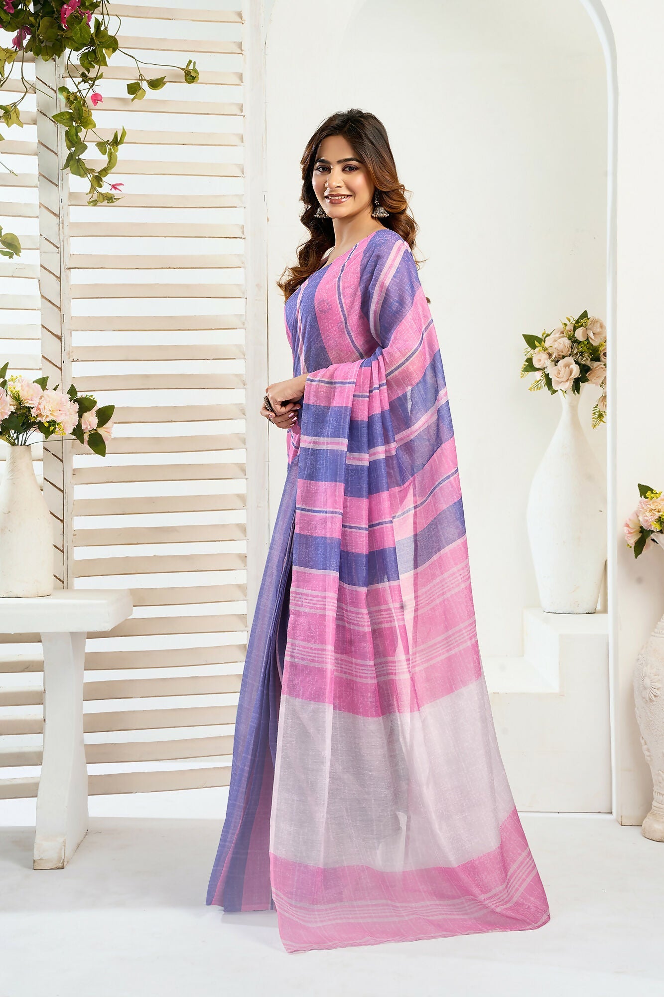 Vastranavya Pink Blue Digital Printed Linen Ready To Wear Designer Saree with Unstitched Blouse
