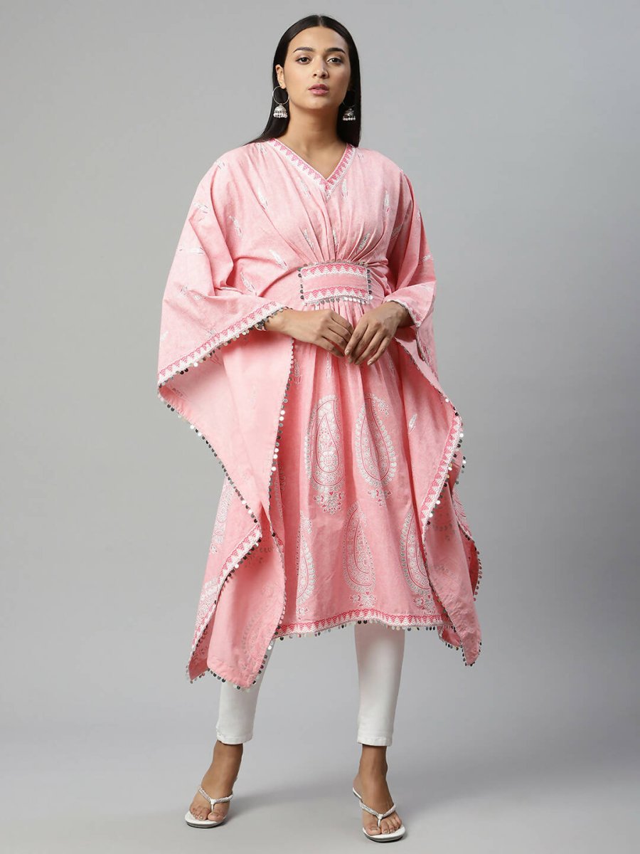 Ahalyaa Women Pink Pure Cotton Printed Kaftan Kurta