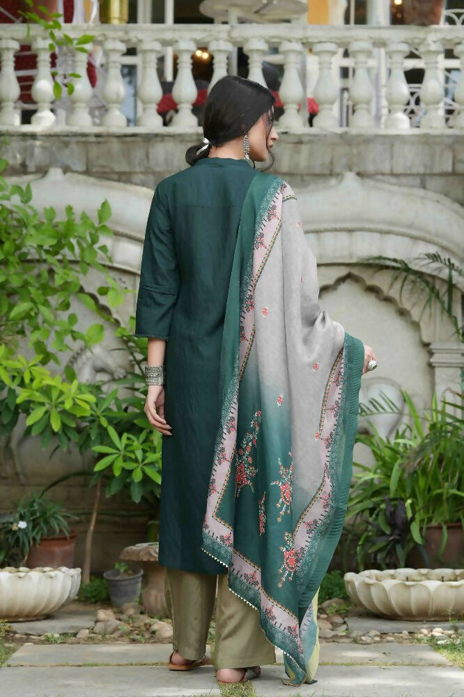 Juniper Bottle Green Mono Viscose Festive Wear Embroidered Straight Kurta Pant Dupatta Set