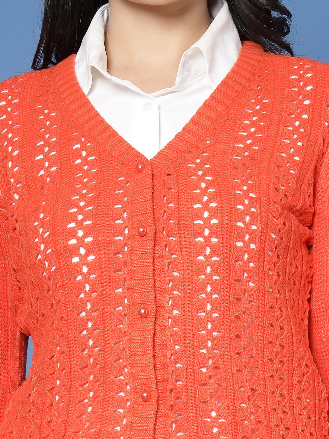 Women Pointelle Rust Acrylic Winter Cardigan - Wool Trees