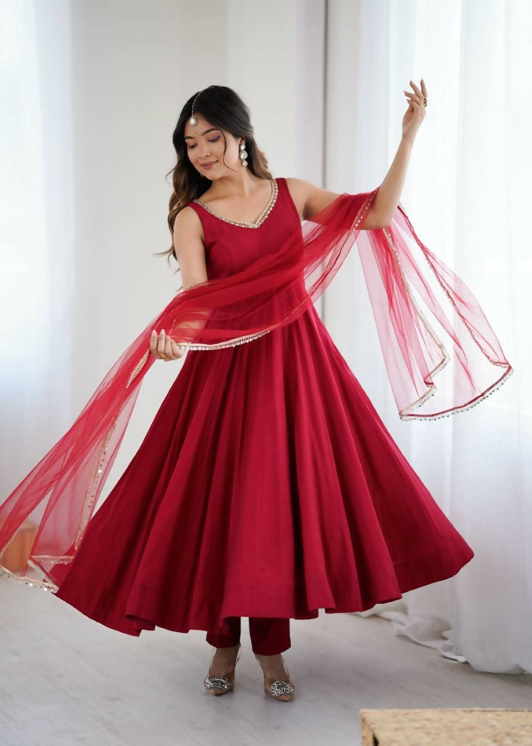 Teeya Creation Maroon Color Pure Roman Silk Mirror Lace Party Wear Gown