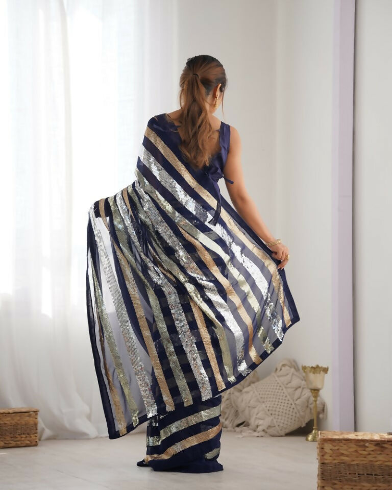 Blue Georgette Sequance Embroidery Work Border Saree - Sitare