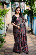 Black Cotton Blend Ajrak Saree with Unstitched Blouse - Hiral Fashion