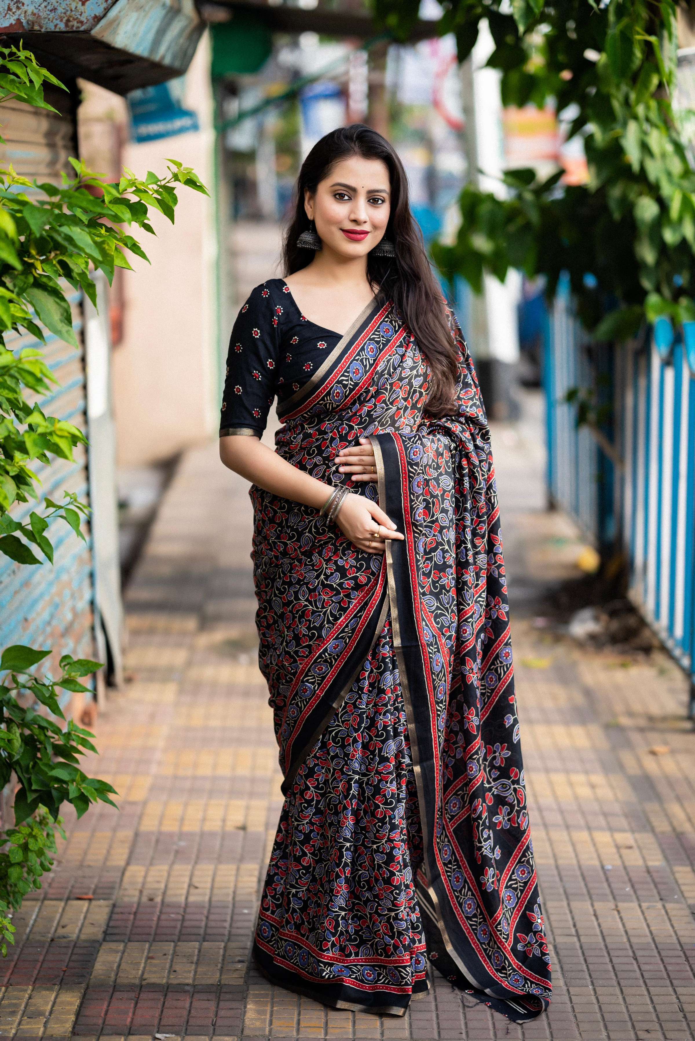 Black Cotton Blend Ajrak Saree with Unstitched Blouse - Hiral Fashion